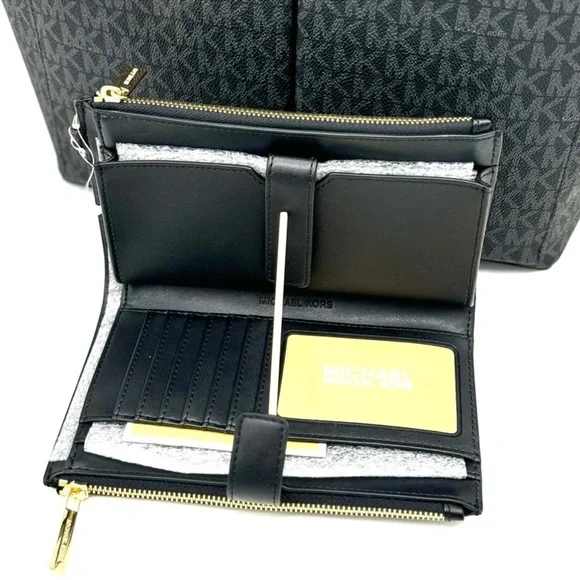 Michael Kors Jet Set Medium Pocket Tote Bag & Double Zip Wallet Black Multi